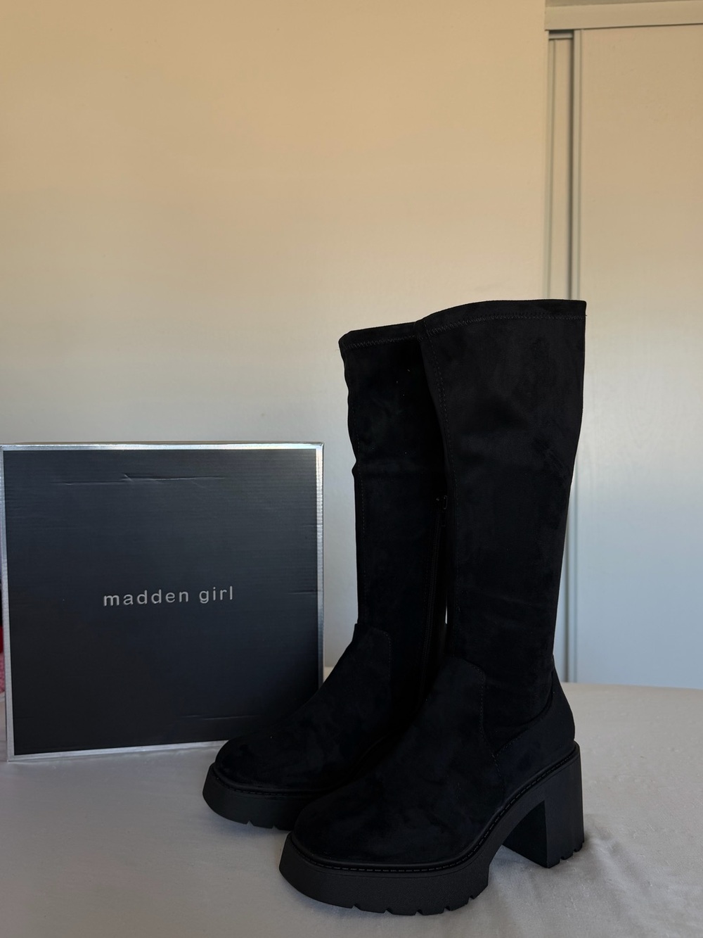 Madden Girl Black Suede-Look Knee High Platform Boots